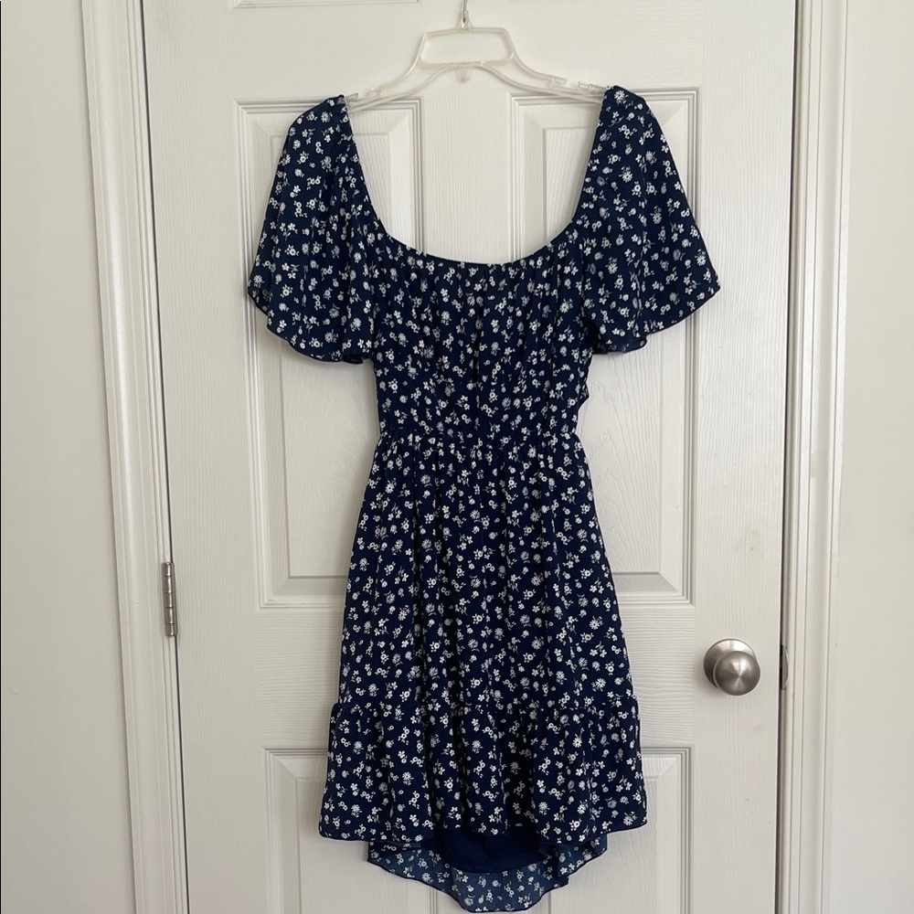 Altar'd State Navy Blue Dress with White Floral Design and Open Back